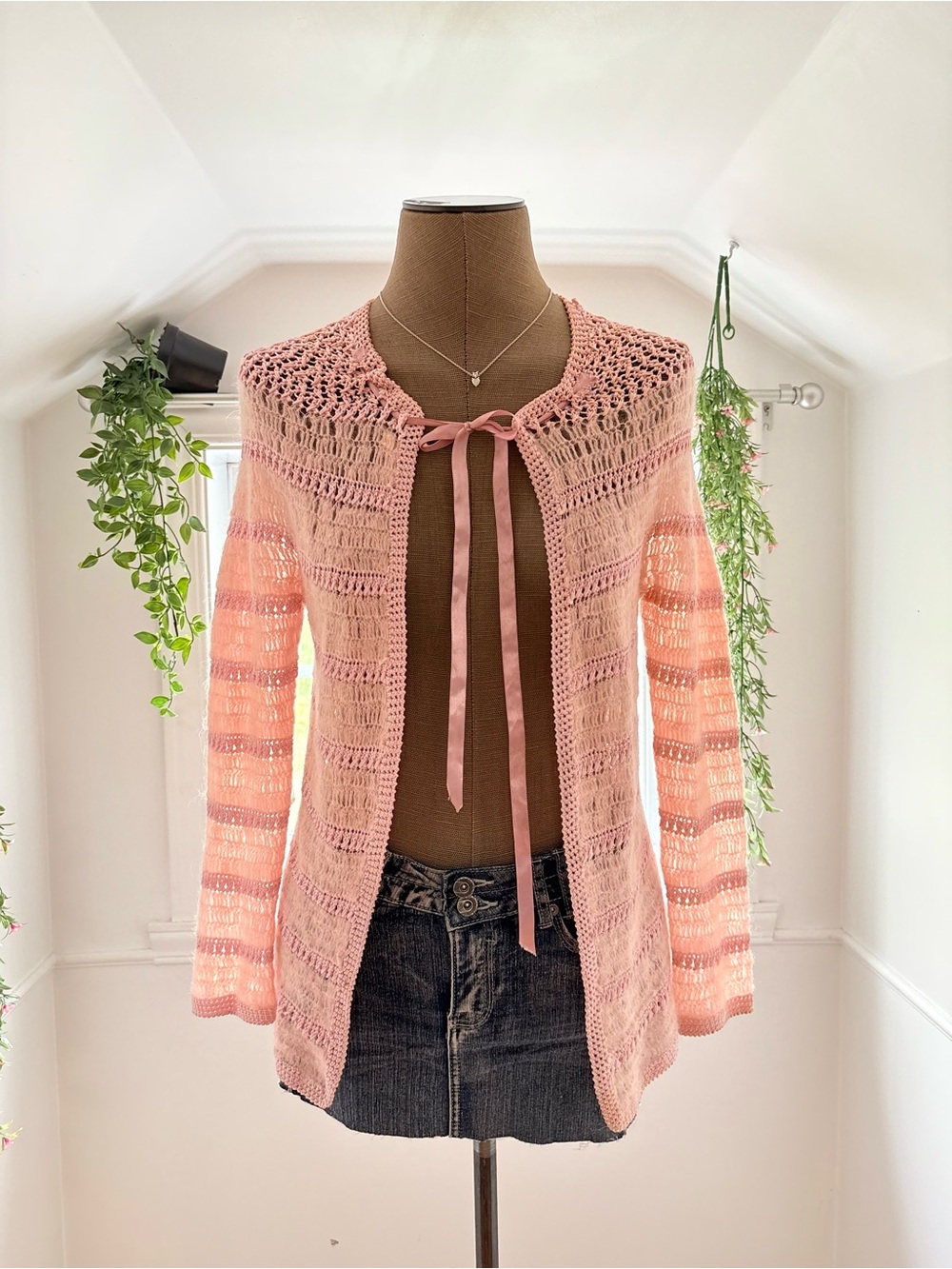 Pink Crochet Tie-Front Women’s Sweater Cardigan